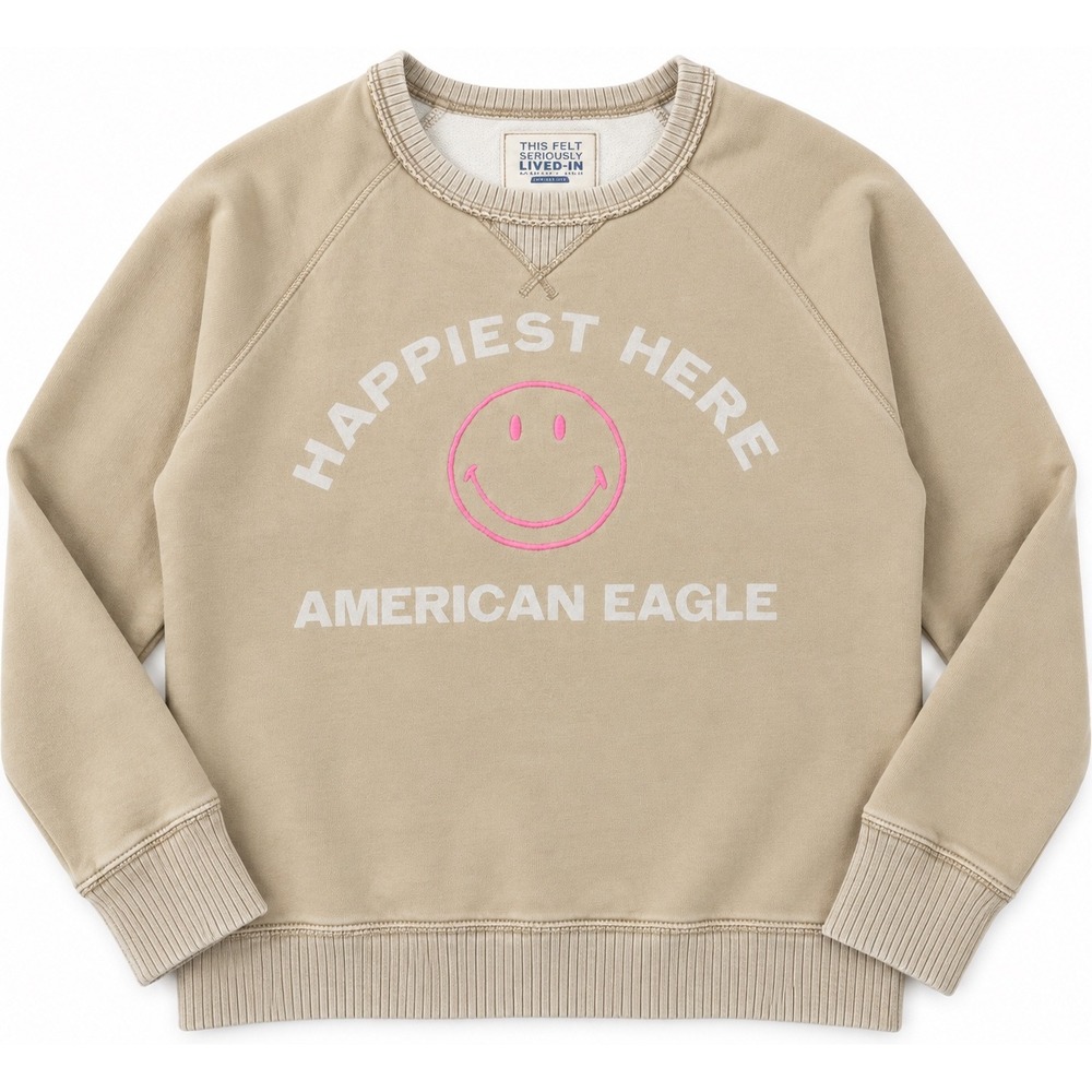 American Eagle Happiest Here Smiley Face Sweatshirt Tan Raglan Crewneck L